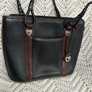 Brighton pebble leather  braided straps large purse, silver hearts, black/brown